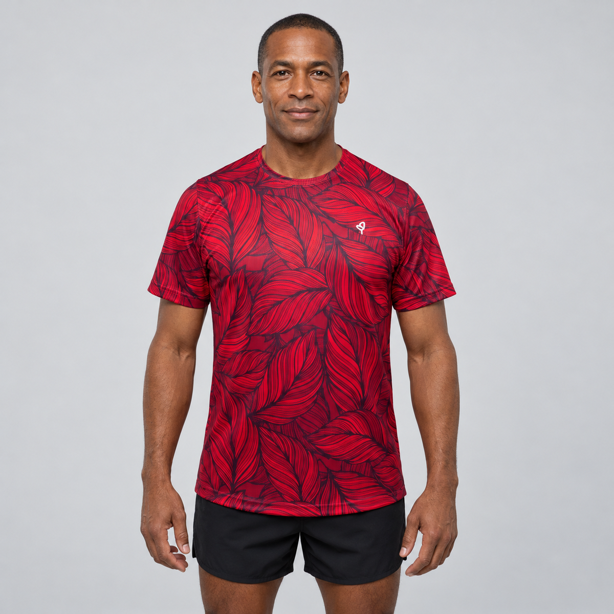 YUL Crimson Red men's running shirt, red and black, front studio view.