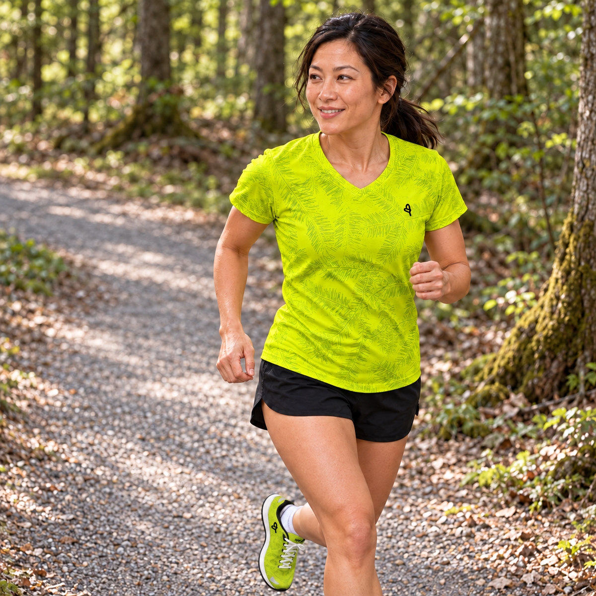 YUL Neon Radioactive Pine women's running shirt, neon yellow, worn by a runner on a wooded path.