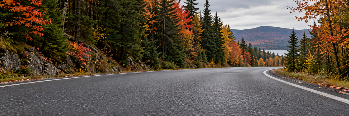 Route asphaltée bordée d’arbres aux couleurs d’automne.