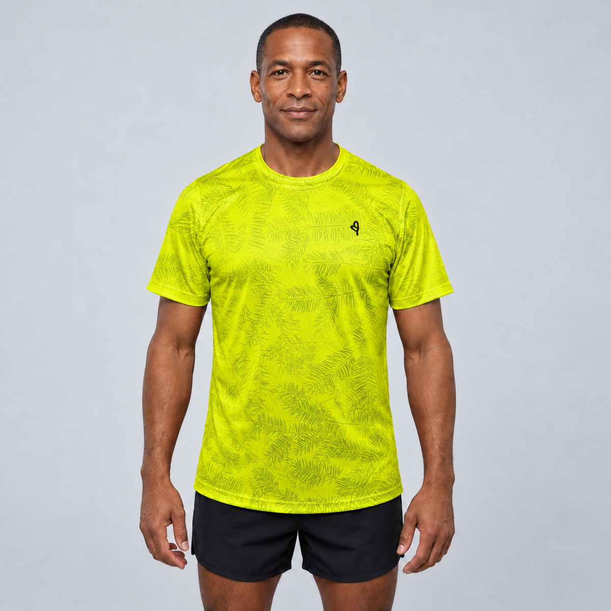 YUL Neon Radioactive Pine men's running shirt, neon yellow, front studio view.