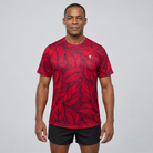 YUL Crimson Red men's running shirt, red and black, front studio view.