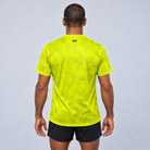 YUL Neon Radioactive Pine men's running shirt, neon yellow, back studio view.
