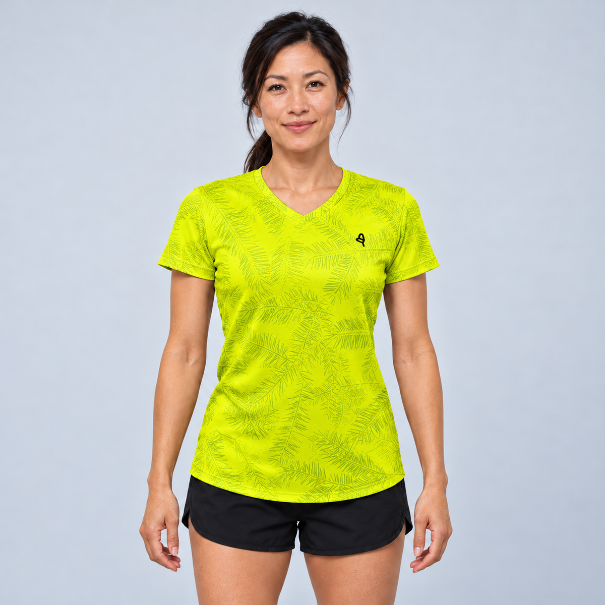 YUL Neon Radioactive Pine women's running shirt, neon yellow, front studio view.