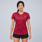 YUL Crimson Red women's running shirt, red and black, front studio view.