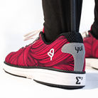 YUL Crimson Red road shoes, rear three-quarter view.